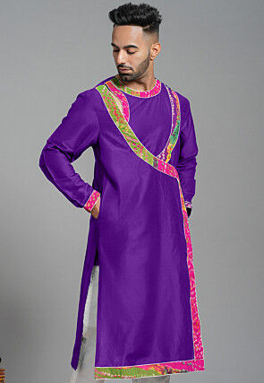 Bandhej Printed Art Silk Angrakha style Kurta in Purple