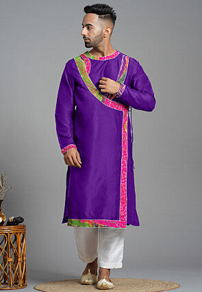 Bandhej Printed Art Silk Angrakha style Kurta in Purple