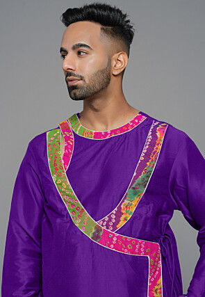 Bandhej Printed Art Silk Angrakha style Kurta in Purple