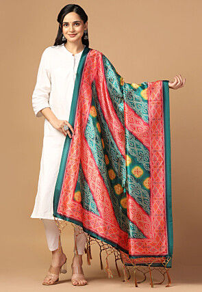Bandhej Printed Art Silk Dupatta in Green and Red