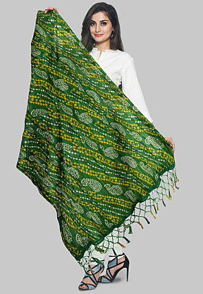 Bandhej Printed Art Silk Dupatta in Green