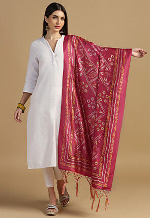 Bandhej Printed Art Silk Dupatta in Pink