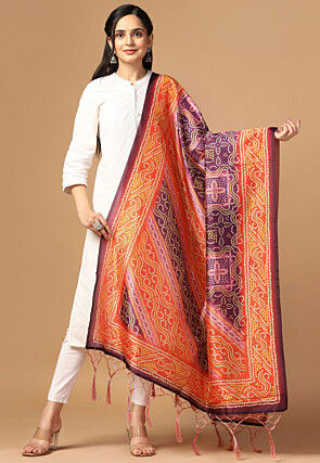 Bandhej Printed Art Silk Dupatta in Purple and Orange