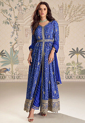 Bandhej Printed Faux Crepe Front Open Abaya Style Suit in Blue