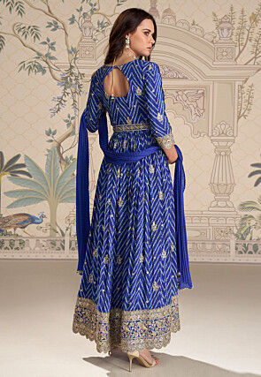 Bandhej Printed Faux Crepe Front Open Abaya Style Suit in Blue