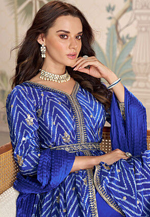Bandhej Printed Faux Crepe Front Open Abaya Style Suit in Blue