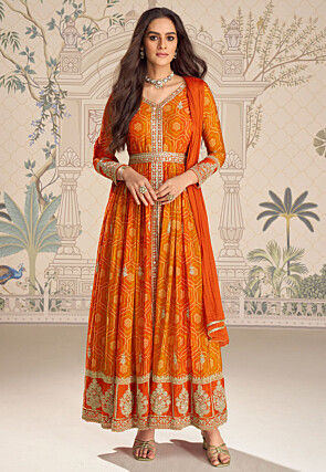 Bandhej Printed Faux Crepe Front Open Abaya Style Suit in Orange