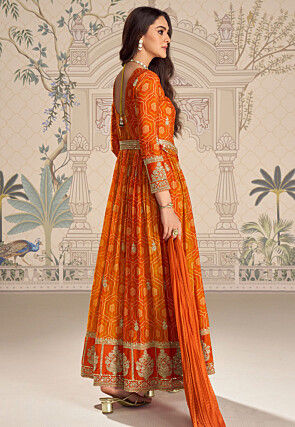 Bandhej Printed Faux Crepe Front Open Abaya Style Suit in Orange