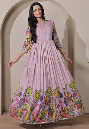 Bandhej Printed Art Silk Gown in Light Purple