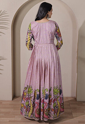 Bandhej Printed Art Silk Gown in Light Purple