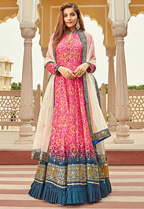 Bandhej Printed Art Silk Jacquard Abaya Style Suit in Pink