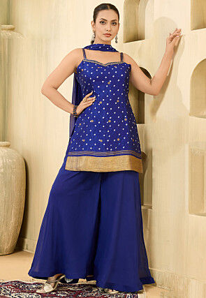 Bandhej Printed Art Silk Jacquard Pakistani Suit in Royal Blue