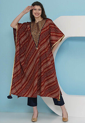 Bandhej Printed Art Silk Kaftan Set in Maroon