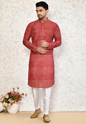 Bandhej Printed Art Silk Kurta in Red