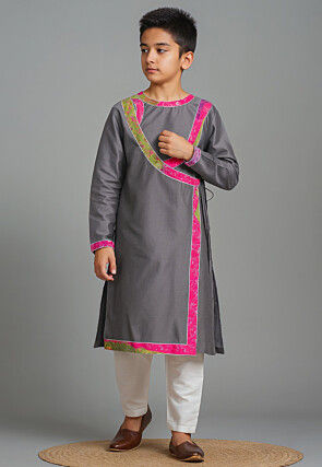 Bandhej Printed Art Silk Angrakha Kurta Set in Grey