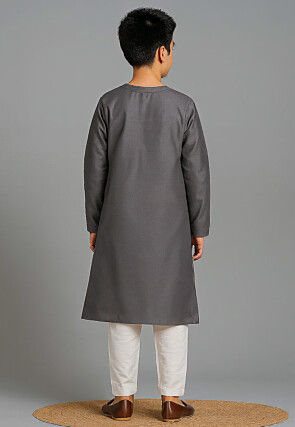 Bandhej Printed Art Silk Angrakha Kurta Set in Grey