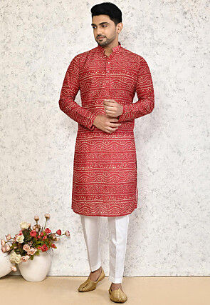 Bandhej Printed Art Silk Kurta Set in Red