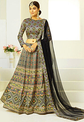 Bandhej Printed Art Silk Lehenga in Grey