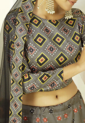Bandhej Printed Art Silk Lehenga in Grey