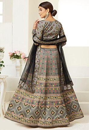 Bandhej Printed Art Silk Lehenga in Grey