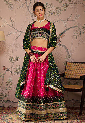 Bandhej Printed Art Silk Lehenga in Pink