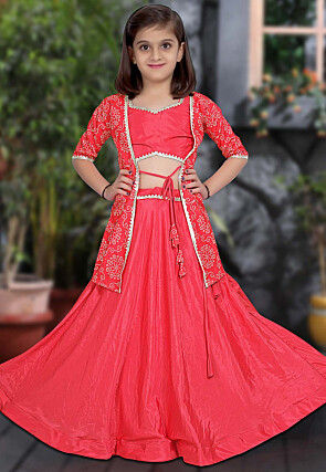 Bandhej Printed Art Silk Lehenga in Pink