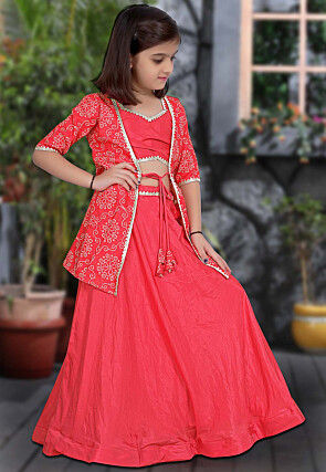 Bandhej Printed Art Silk Lehenga in Pink