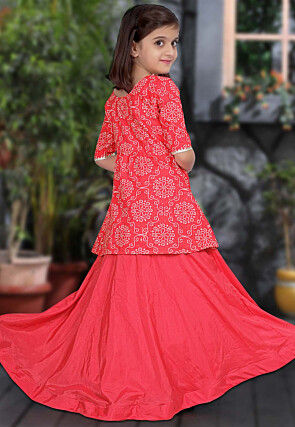 Bandhej Printed Art Silk Lehenga in Pink