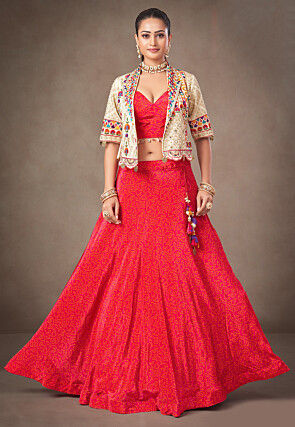 Bandhej Printed Art Silk Lehenga in Red