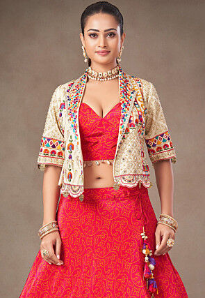 Bandhej Printed Art Silk Lehenga in Red