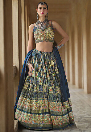 Bandhej Printed Art Silk Lehenga in Teal Blue