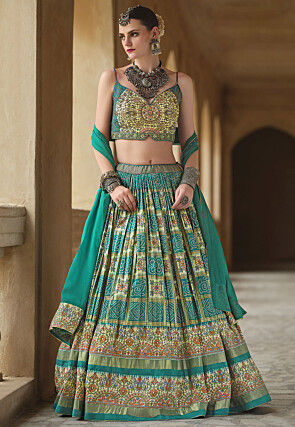 Bandhej Printed Art Silk Lehenga in Teal Green