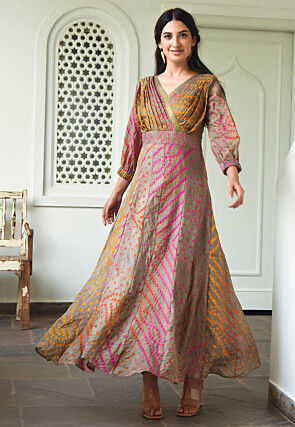 Bandhej Printed Art Silk Maxi Dress in Fawn