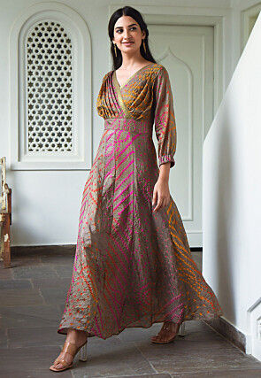 Bandhej Printed Art Silk Maxi Dress in Fawn