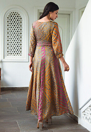 Bandhej Printed Art Silk Maxi Dress in Fawn