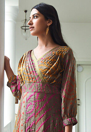 Bandhej Printed Art Silk Maxi Dress in Fawn