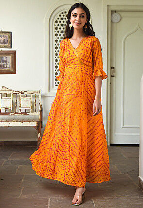 Bandhej Printed Art Silk Maxi Dress in Mustard