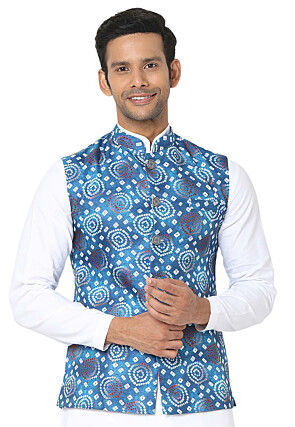 Bandhej Printed Art Silk Nehru Jacket in Blue