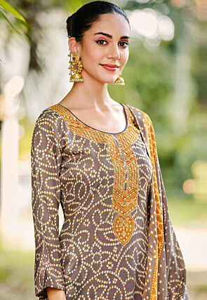 Bandhej Printed Art Silk Pakistani Suit in Dark Brown