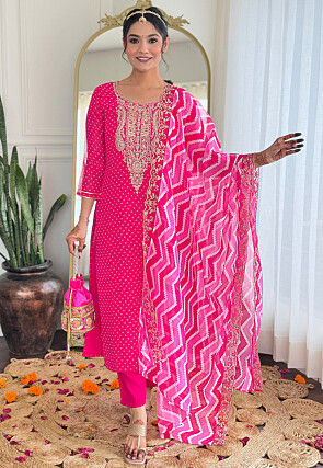 Bandhej Printed Art Silk Pakistani Suit in Fuchsia