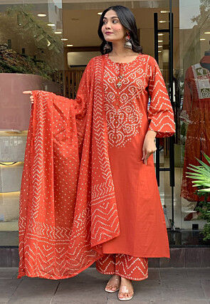 Bandhej Printed Art Silk Pakistani Suit in Orange
