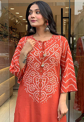 Bandhej Printed Art Silk Pakistani Suit in Orange