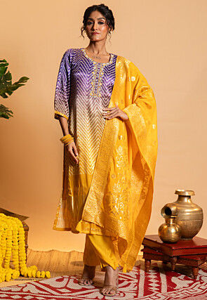 Bandhej Printed Art Silk Pakistani Suit in Purple and Yellow