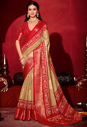 Bandhej Printed Art Silk Saree in Beige