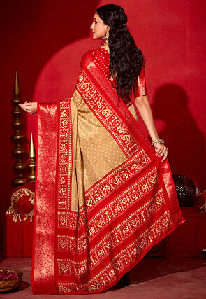 Bandhej Printed Art Silk Saree in Beige