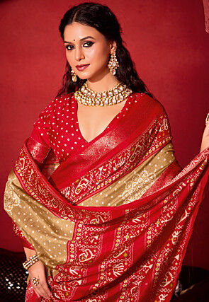 Bandhej Printed Art Silk Saree in Beige