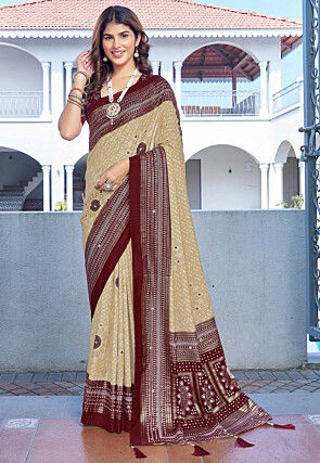 Bandhej Printed Art Silk Saree in Beige