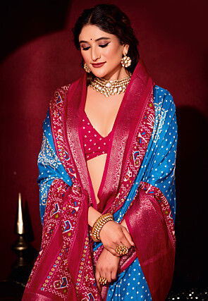 Bandhej Printed Art Silk Saree in Blue