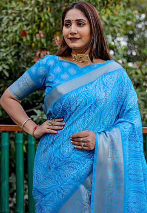 Bandhej Printed Art Silk Saree in Blue