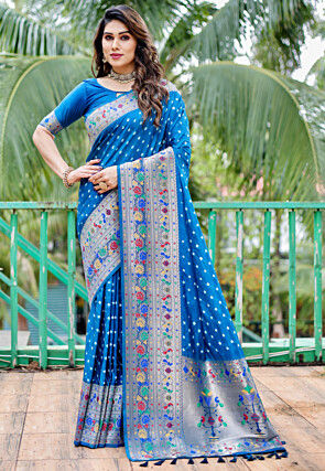 Gorgeous Raw silk blue saree with Kalamkari hand painted border and de –  Sujatra